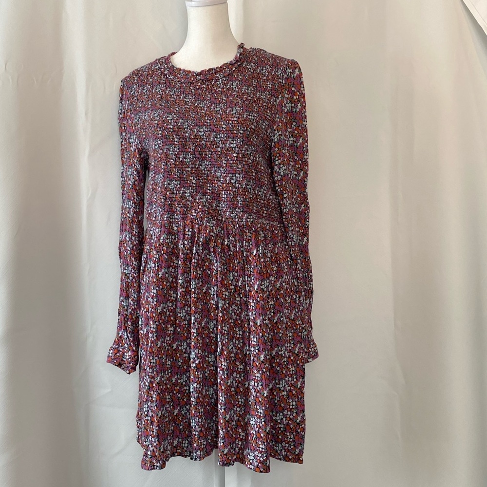 Patrons Of Peace Abstract Smocked Bodice Long Sleeve Boho Western Mini Dress LG